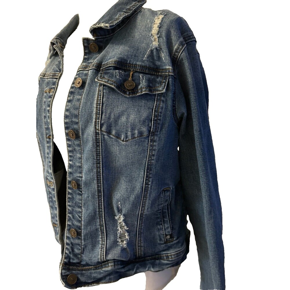 Ensean Womens 1X stretch Denim jacket, distressed/destroyed, pre-loved